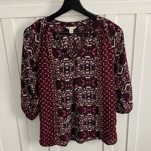 CATO Western Boho Paisley Print Women's Burgundy Blouse Oversized Sz XS
